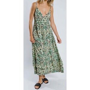 Raga Deema Midi Dress Green Floral Block Print Smocked Back V-Neck Boho